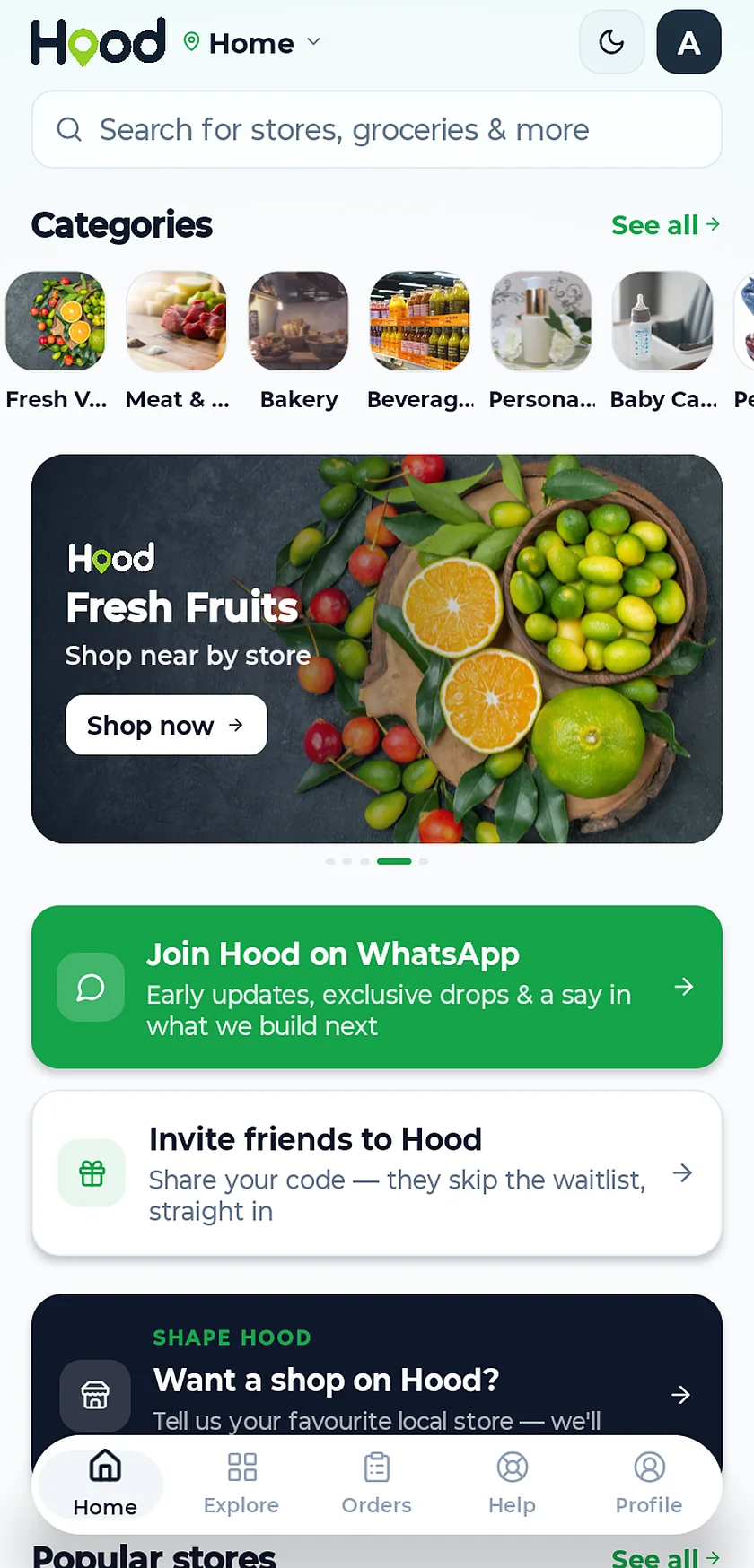 The Hood app home screen: a search bar, category tiles for fresh vegetables, meat and fish, bakery, beverages, personal care and baby care, and a fresh fruits promotion.