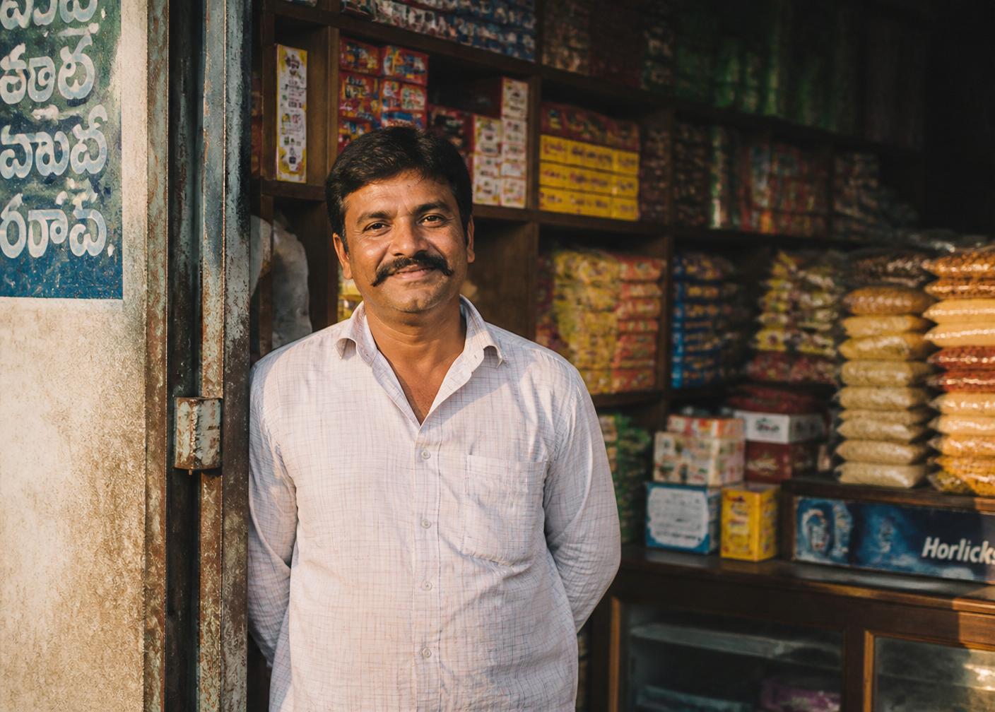 A shopkeeper at a neighbourhood store in Hyderabad